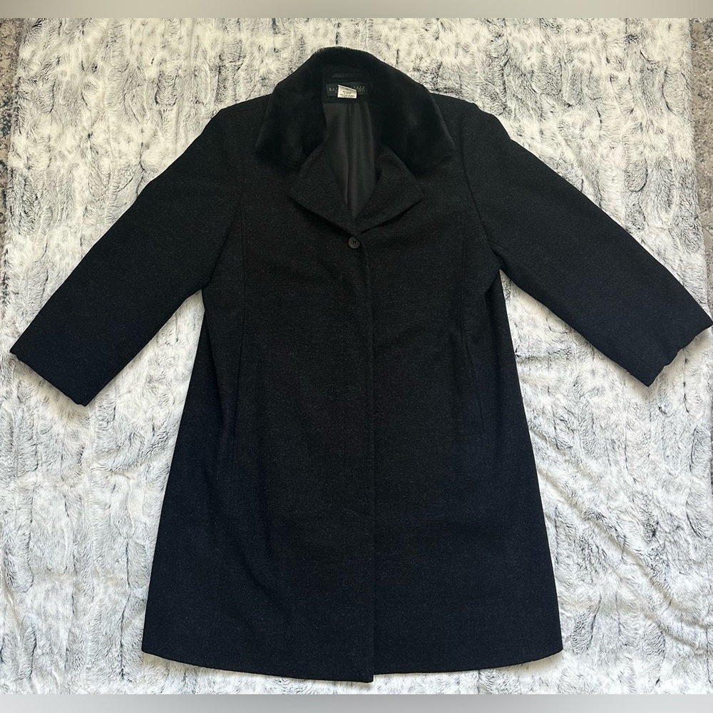 Vintage Harve Benard Dark Charcoal Wool Coat with Black Faux Fur Trim, Size 14
